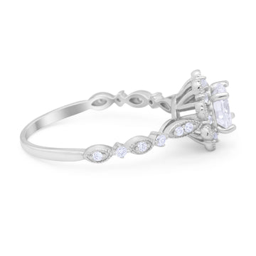 Art Deco Floral Style Engagemnet Ring Round Simulated CZ 925 Sterling Silver